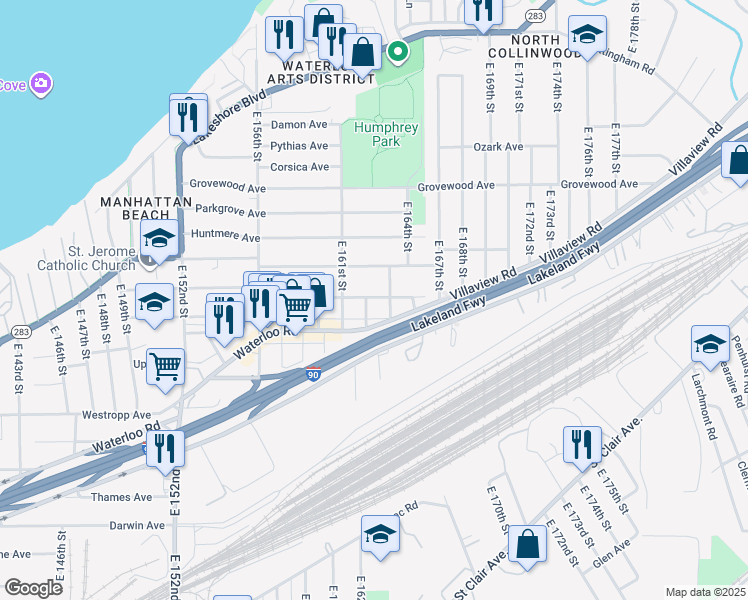 map of restaurants, bars, coffee shops, grocery stores, and more near 16207 Trafalgar Avenue in Cleveland