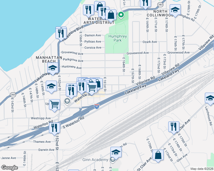 map of restaurants, bars, coffee shops, grocery stores, and more near 366 East 161st Street in Cleveland