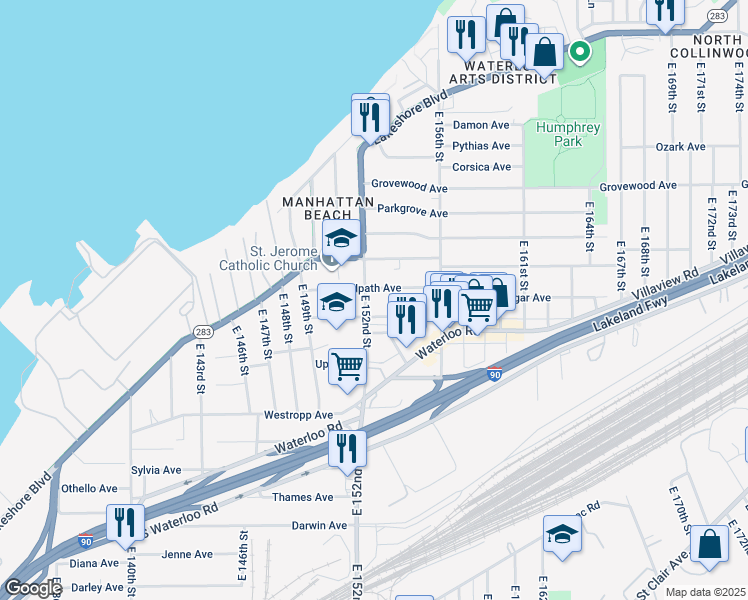 map of restaurants, bars, coffee shops, grocery stores, and more near 15213 Ridpath Avenue in Cleveland