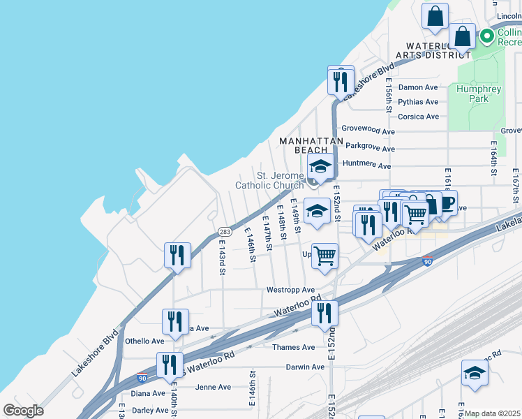 map of restaurants, bars, coffee shops, grocery stores, and more near 319 Groveland Club Drive in Cleveland