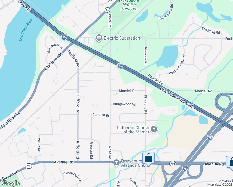 map of restaurants, bars, coffee shops, grocery stores, and more near 10478 Mandell Road in Perrysburg