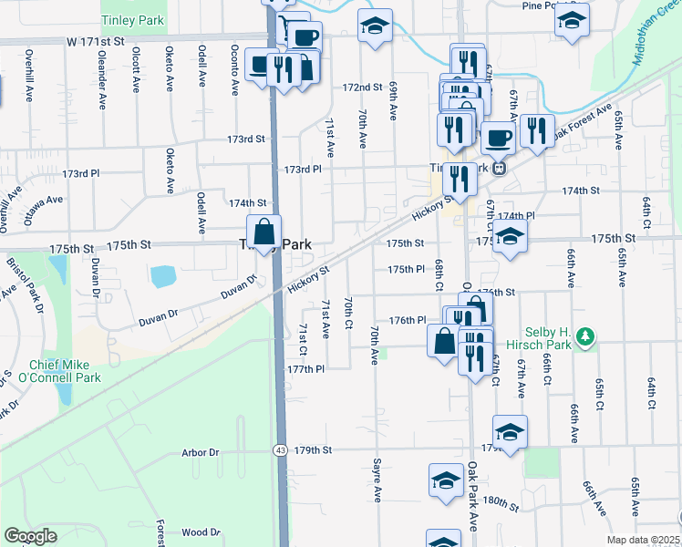 map of restaurants, bars, coffee shops, grocery stores, and more near 17520 70th Court in Tinley Park