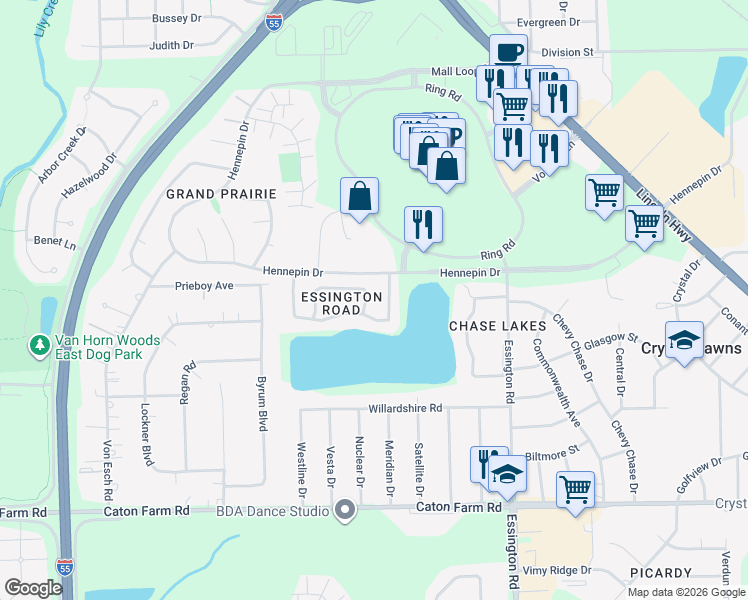 map of restaurants, bars, coffee shops, grocery stores, and more near 2730 Lake Shore Drive in Joliet