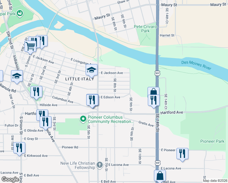 map of restaurants, bars, coffee shops, grocery stores, and more near 720 East Dunham Avenue in Des Moines