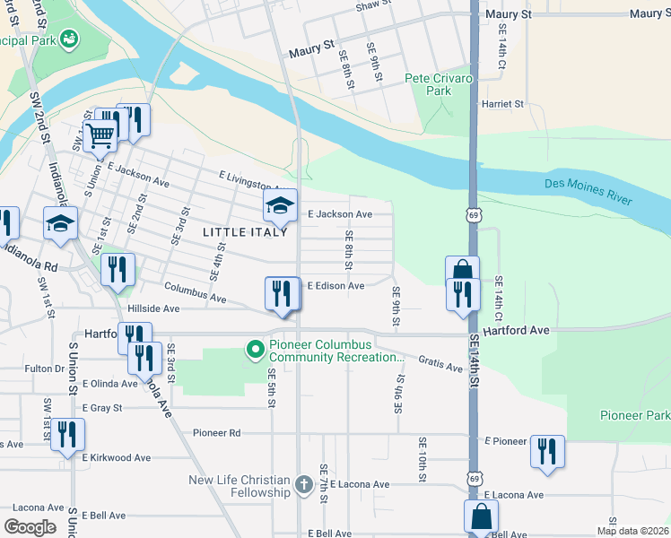 map of restaurants, bars, coffee shops, grocery stores, and more near 720 East Dunham Avenue in Des Moines