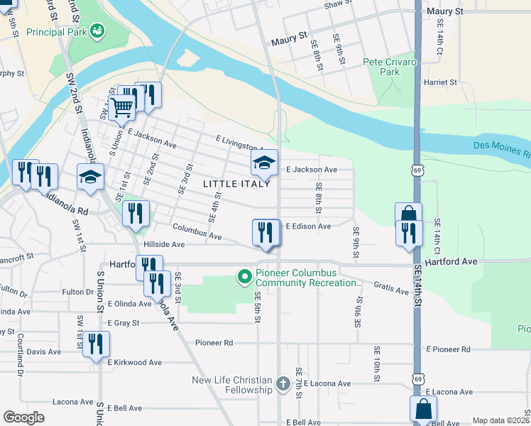 map of restaurants, bars, coffee shops, grocery stores, and more near 509 East Dunham Avenue in Des Moines
