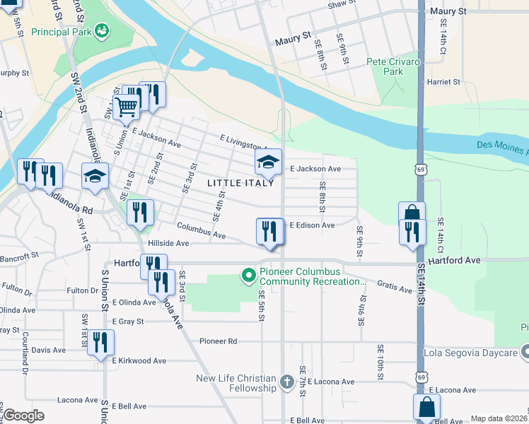 map of restaurants, bars, coffee shops, grocery stores, and more near 509 East Dunham Avenue in Des Moines