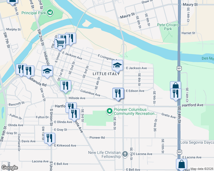 map of restaurants, bars, coffee shops, grocery stores, and more near 433 East Dunham Avenue in Des Moines