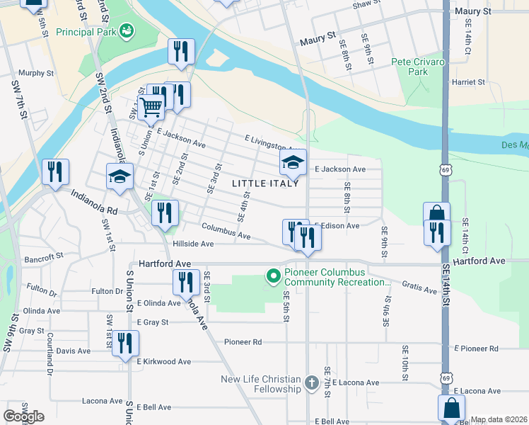 map of restaurants, bars, coffee shops, grocery stores, and more near 433 East Dunham Avenue in Des Moines