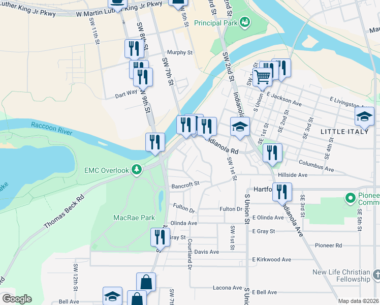 map of restaurants, bars, coffee shops, grocery stores, and more near 711 Monona Avenue in Des Moines