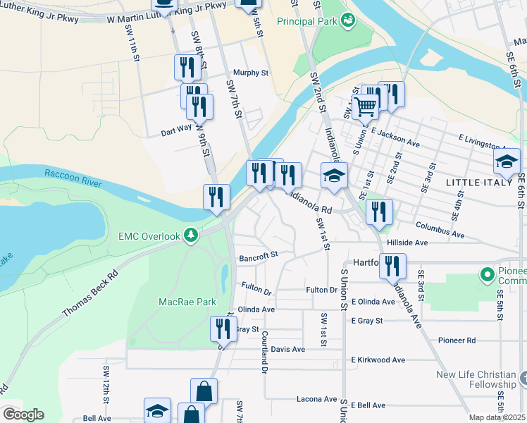 map of restaurants, bars, coffee shops, grocery stores, and more near 711 Monona Avenue in Des Moines