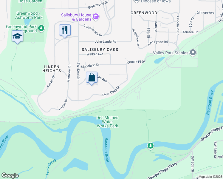 map of restaurants, bars, coffee shops, grocery stores, and more near 3815 River Oaks Drive in Des Moines