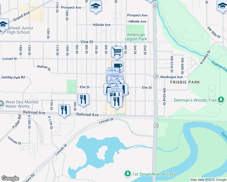 map of restaurants, bars, coffee shops, grocery stores, and more near 513 Elm Street in West Des Moines