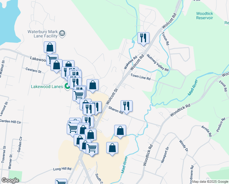 map of restaurants, bars, coffee shops, grocery stores, and more near 1157 Wolcott Street in Waterbury