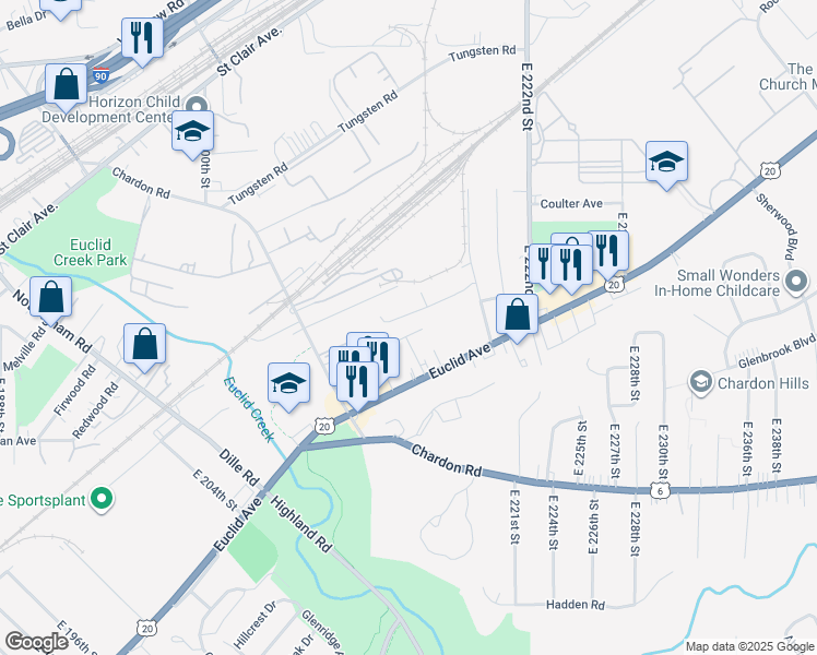 map of restaurants, bars, coffee shops, grocery stores, and more near 21471 North Street in Euclid