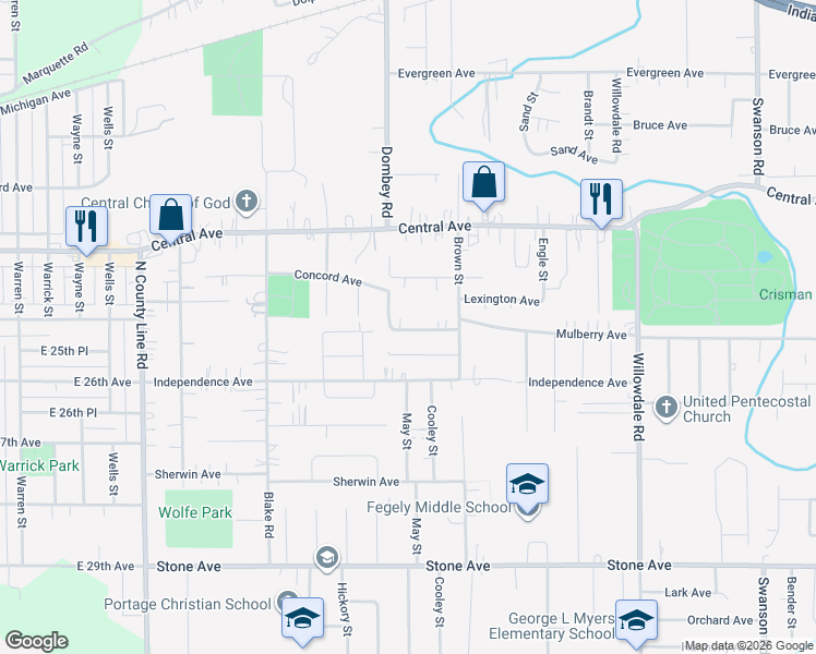 map of restaurants, bars, coffee shops, grocery stores, and more near 5264 Mulberry Avenue in Portage