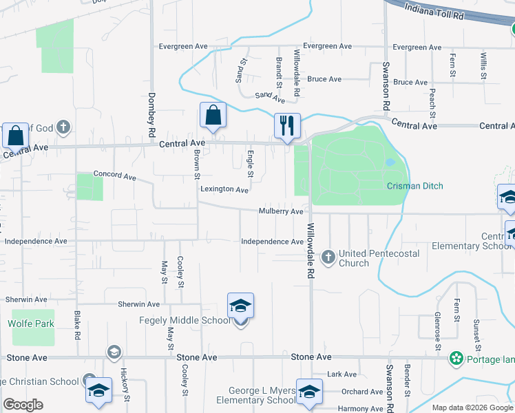 map of restaurants, bars, coffee shops, grocery stores, and more near 5416 Mulberry Avenue in Portage