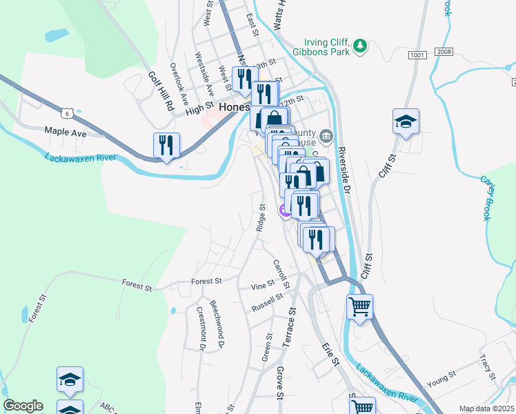 map of restaurants, bars, coffee shops, grocery stores, and more near 385 Broad St in Honesdale