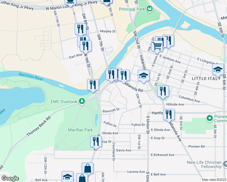 map of restaurants, bars, coffee shops, grocery stores, and more near 711 Monona Avenue in Des Moines