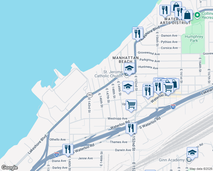 map of restaurants, bars, coffee shops, grocery stores, and more near Lakeshore Blvd & E 147th St in Cleveland