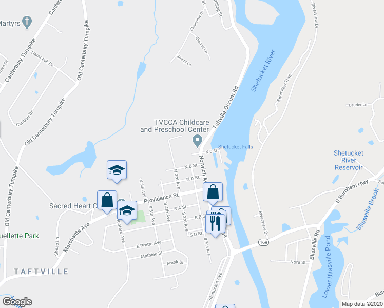 map of restaurants, bars, coffee shops, grocery stores, and more near 92 North C Street in Norwich