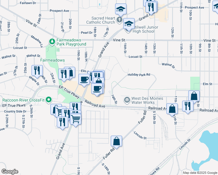 map of restaurants, bars, coffee shops, grocery stores, and more near 316 Holiday Circle in West Des Moines