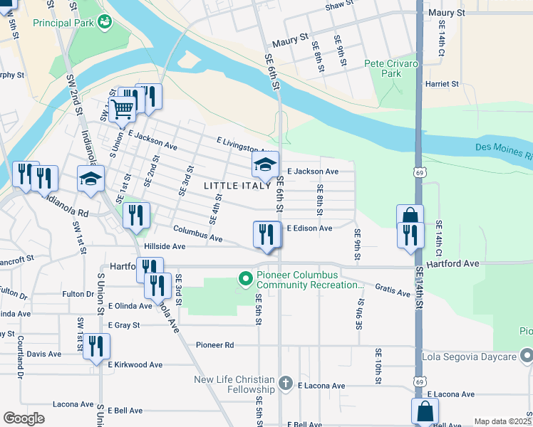 map of restaurants, bars, coffee shops, grocery stores, and more near 509 East Dunham Avenue in Des Moines