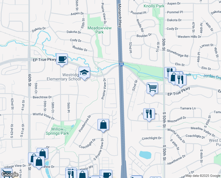map of restaurants, bars, coffee shops, grocery stores, and more near 225 Prairie View Drive in West Des Moines