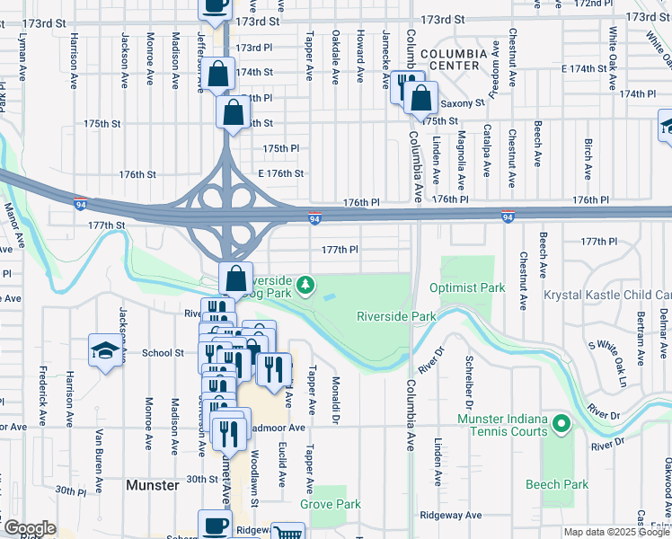 map of restaurants, bars, coffee shops, grocery stores, and more near 1025 River Drive in Hammond