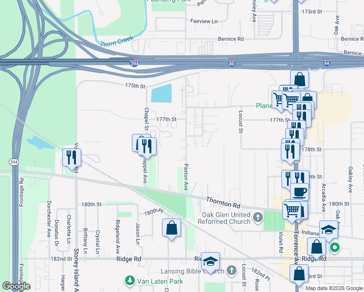 map of restaurants, bars, coffee shops, grocery stores, and more near 17737 Paxton Avenue in Lansing