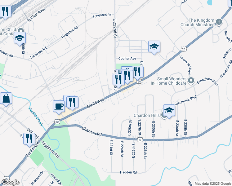 map of restaurants, bars, coffee shops, grocery stores, and more near 22052 Euclid Avenue in Euclid