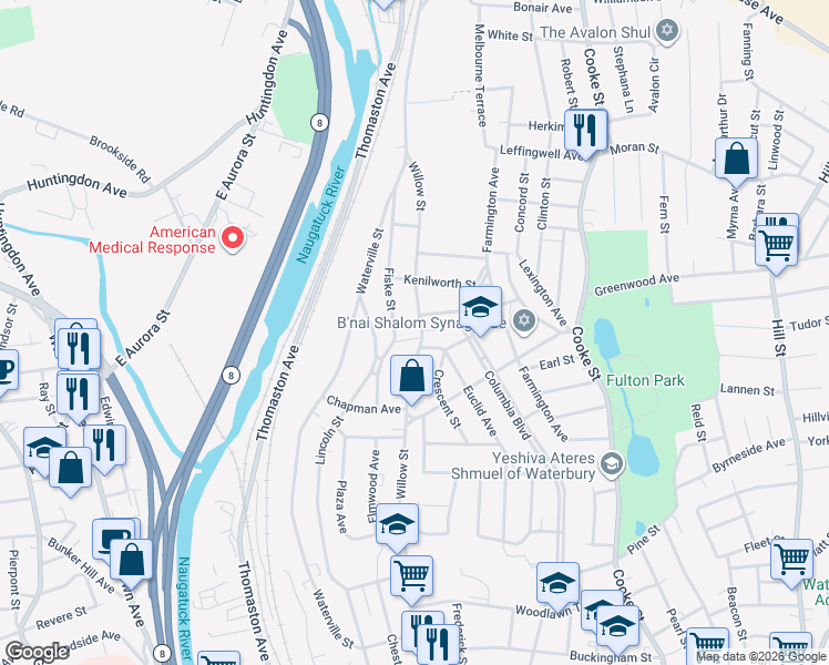 map of restaurants, bars, coffee shops, grocery stores, and more near 551 Willow Street in Waterbury