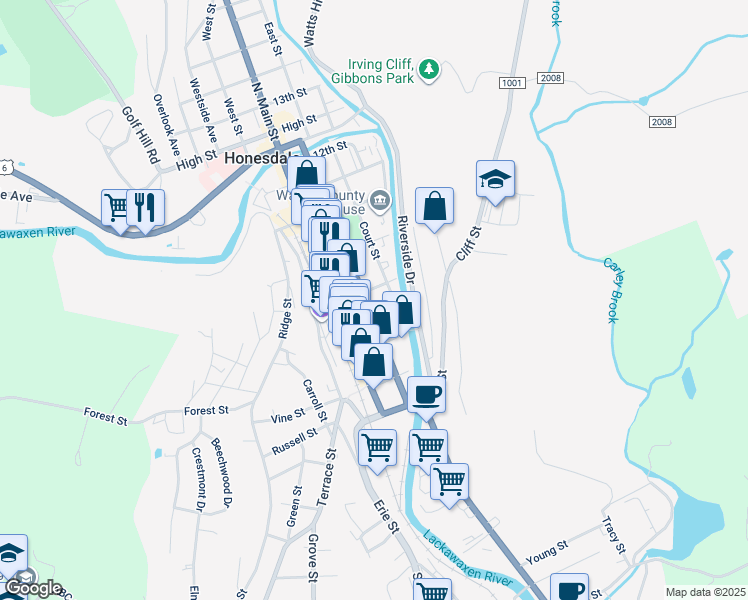 map of restaurants, bars, coffee shops, grocery stores, and more near 220 8th Street in Honesdale