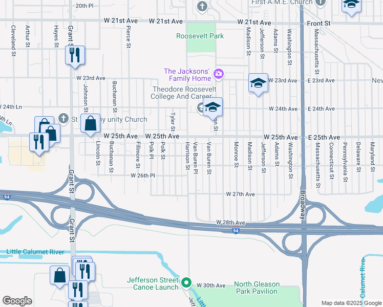 map of restaurants, bars, coffee shops, grocery stores, and more near 2524 Harrison Street in Gary
