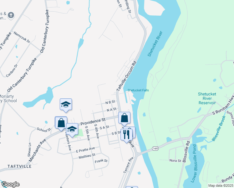 map of restaurants, bars, coffee shops, grocery stores, and more near North C Street in Norwich