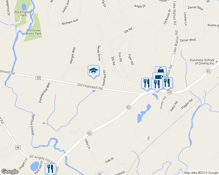 map of restaurants, bars, coffee shops, grocery stores, and more near 2 Newhard Place in Hopewell Junction