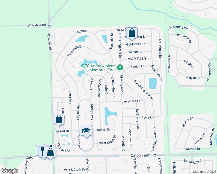 map of restaurants, bars, coffee shops, grocery stores, and more near 2804 Adobe Lane in Plainfield