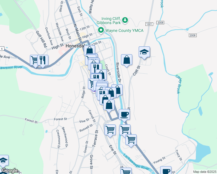 map of restaurants, bars, coffee shops, grocery stores, and more near 220 8th Street in Honesdale