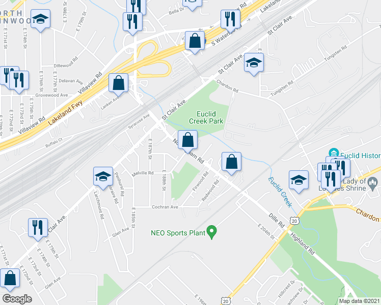 map of restaurants, bars, coffee shops, grocery stores, and more near 19151 Nottingham Rd in Cleveland