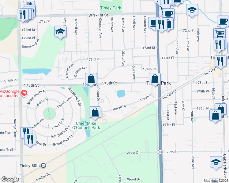 map of restaurants, bars, coffee shops, grocery stores, and more near 7537 175th Street in Tinley Park