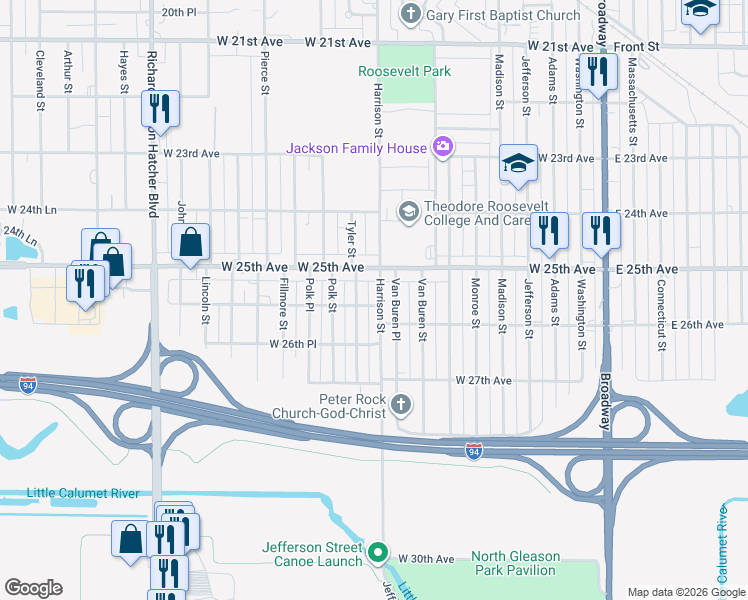 map of restaurants, bars, coffee shops, grocery stores, and more near 2524 Harrison Street in Gary