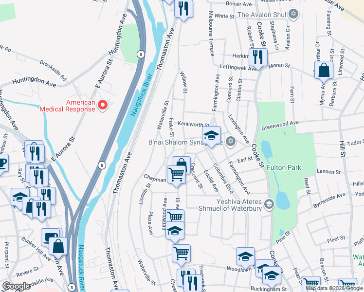 map of restaurants, bars, coffee shops, grocery stores, and more near 551 Willow Street in Waterbury