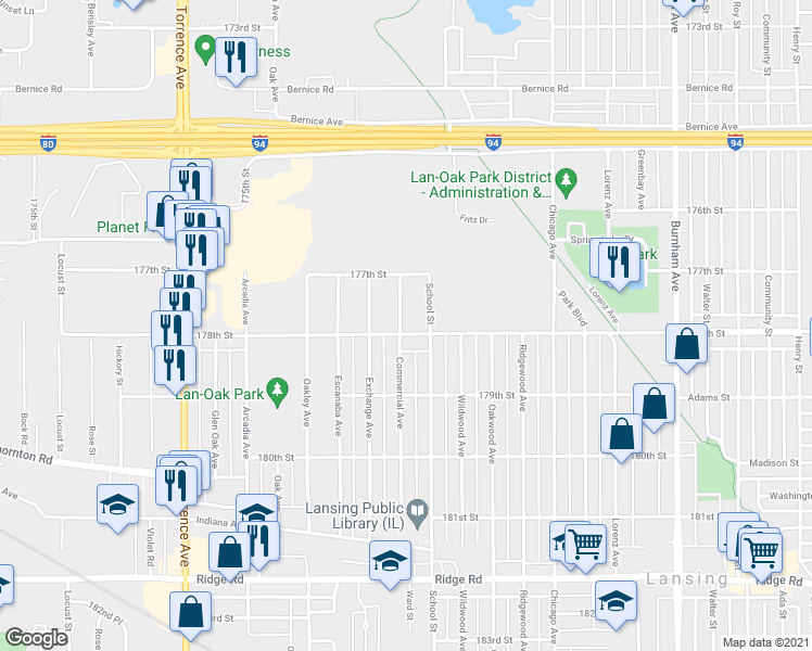 map of restaurants, bars, coffee shops, grocery stores, and more near 2736 178th Street in Lansing