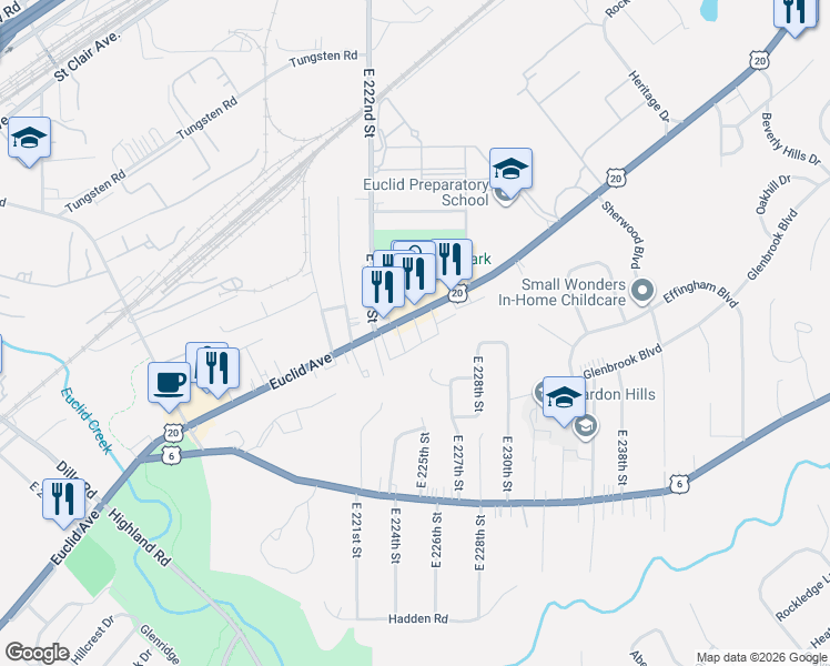 map of restaurants, bars, coffee shops, grocery stores, and more near 22350 Euclid Avenue in Euclid