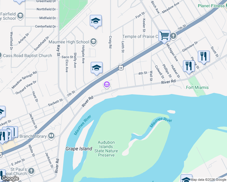 map of restaurants, bars, coffee shops, grocery stores, and more near 1035 River Road in Maumee
