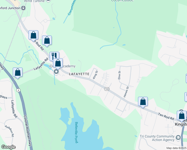 map of restaurants, bars, coffee shops, grocery stores, and more near 30 King Street in North Kingstown
