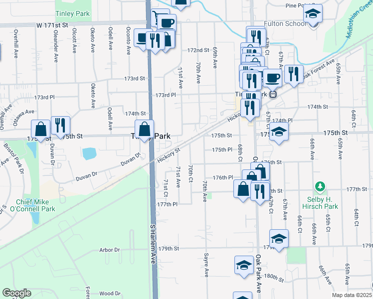 map of restaurants, bars, coffee shops, grocery stores, and more near 17520 70th Court in Tinley Park