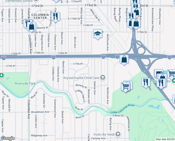 map of restaurants, bars, coffee shops, grocery stores, and more near 7744 Bertram Avenue in Hammond