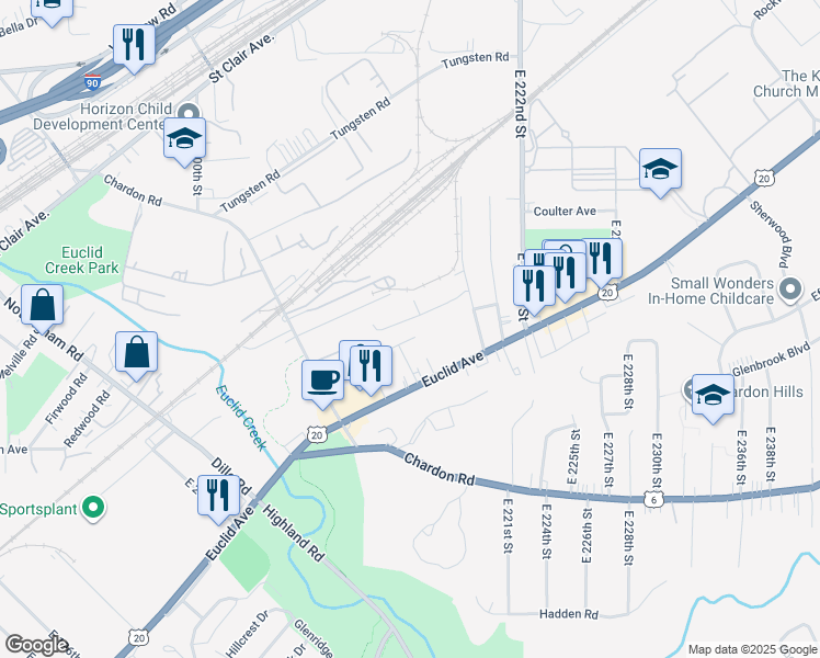 map of restaurants, bars, coffee shops, grocery stores, and more near 21471 North Street in Euclid