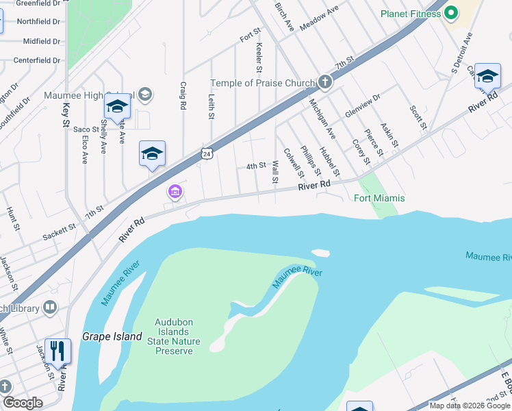 map of restaurants, bars, coffee shops, grocery stores, and more near 1308 River Road in Maumee